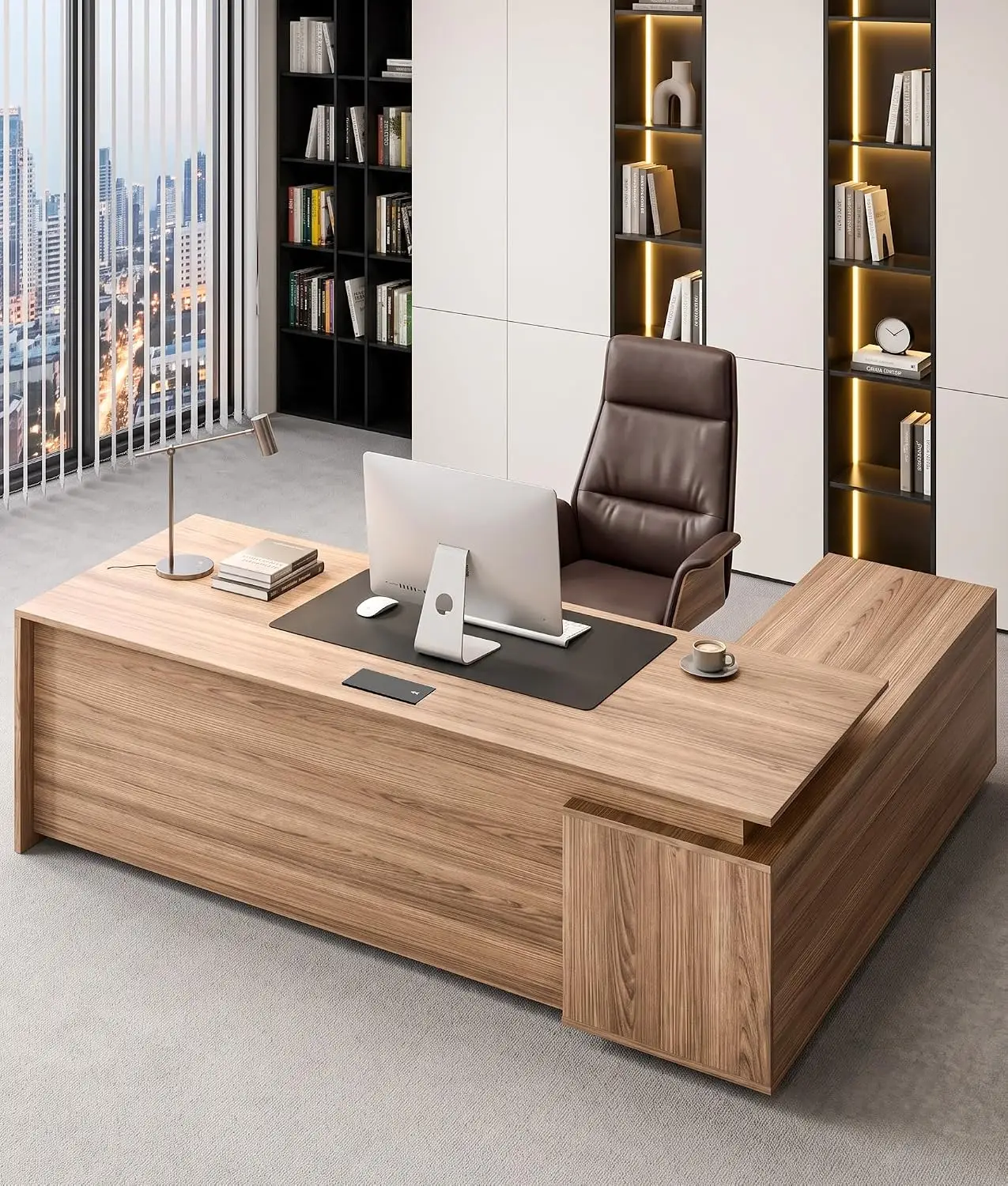 63 Inch L Shaped Executive Desk Storage Drawers File Cabinet AC USB Ports Privacy Panel Thickened Desktop Home Office Use