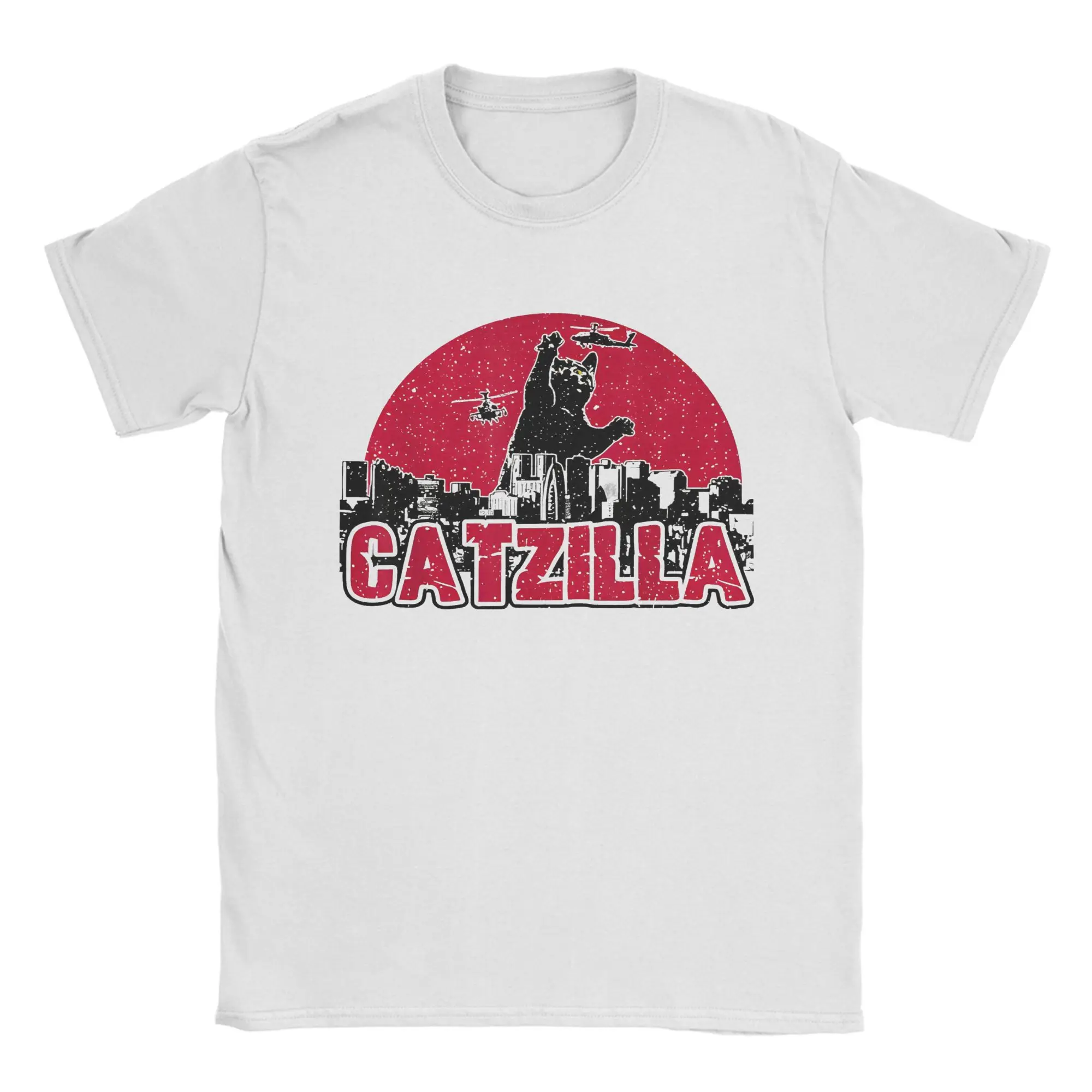 Funny Catzilla Destruction Retro Graphic T Shirts for Men 100% Cotton T-Shirts O Neck  Tee Shirt Short Sleeve Clothes
