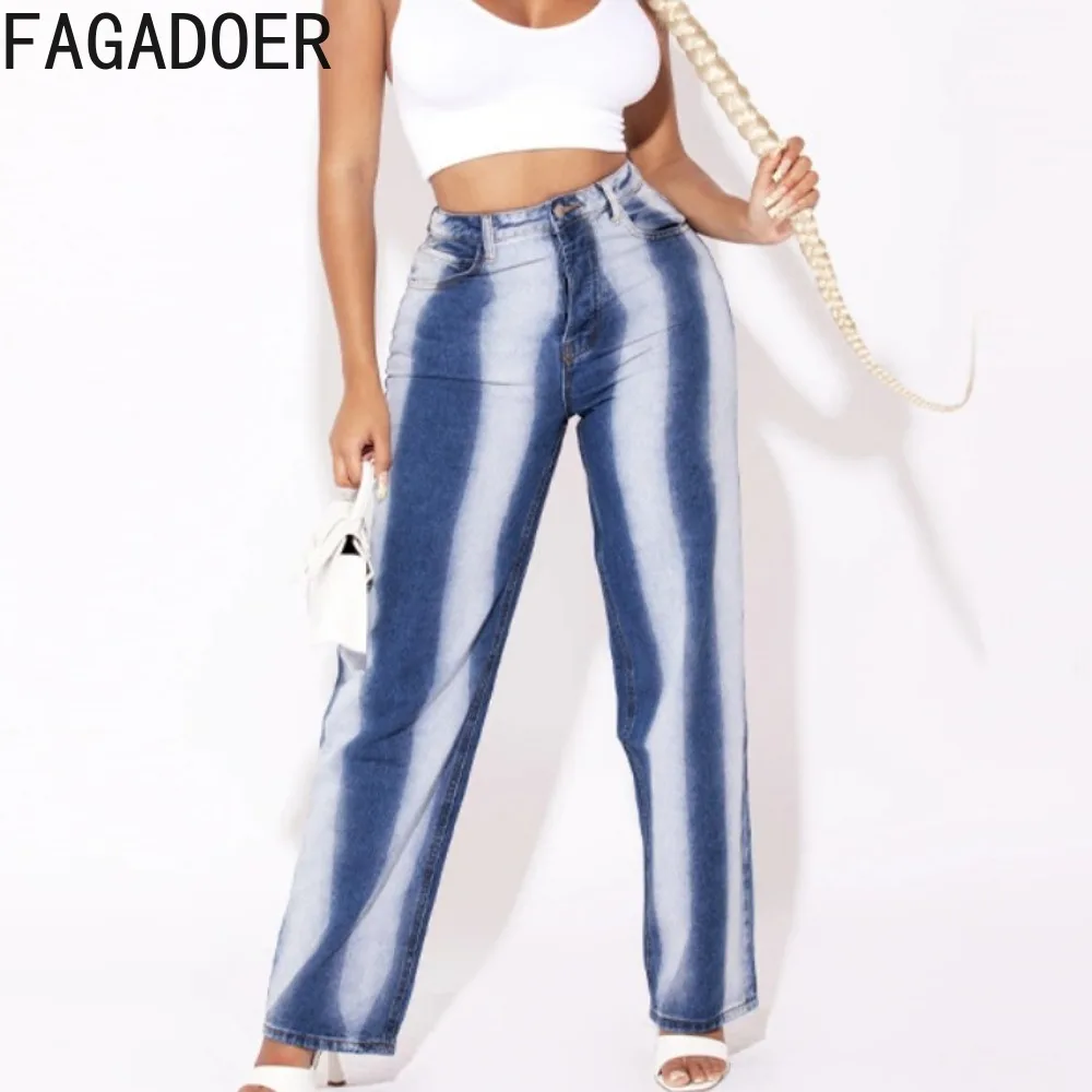 

FAGADOER Fashion Streetwear Women High Waisted Button Straight Denim Pants Autumn Casual Gradient Print Matching Cowboy Bottoms