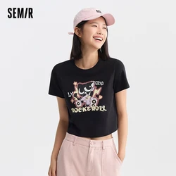 Semir Luo Small Black Short Sleeve T-Shirt Women Short Design Sense Printing Retro 2024 Summer New Cotton Tops Lovely T shirt