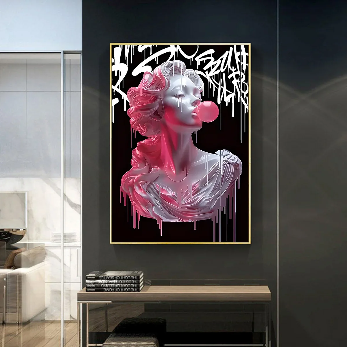 Chic pink Girl Blowing Balloon Canvas Painting Art Print-Modern Fluid Wall Decoration for Living Room and Kitchen, Reusable