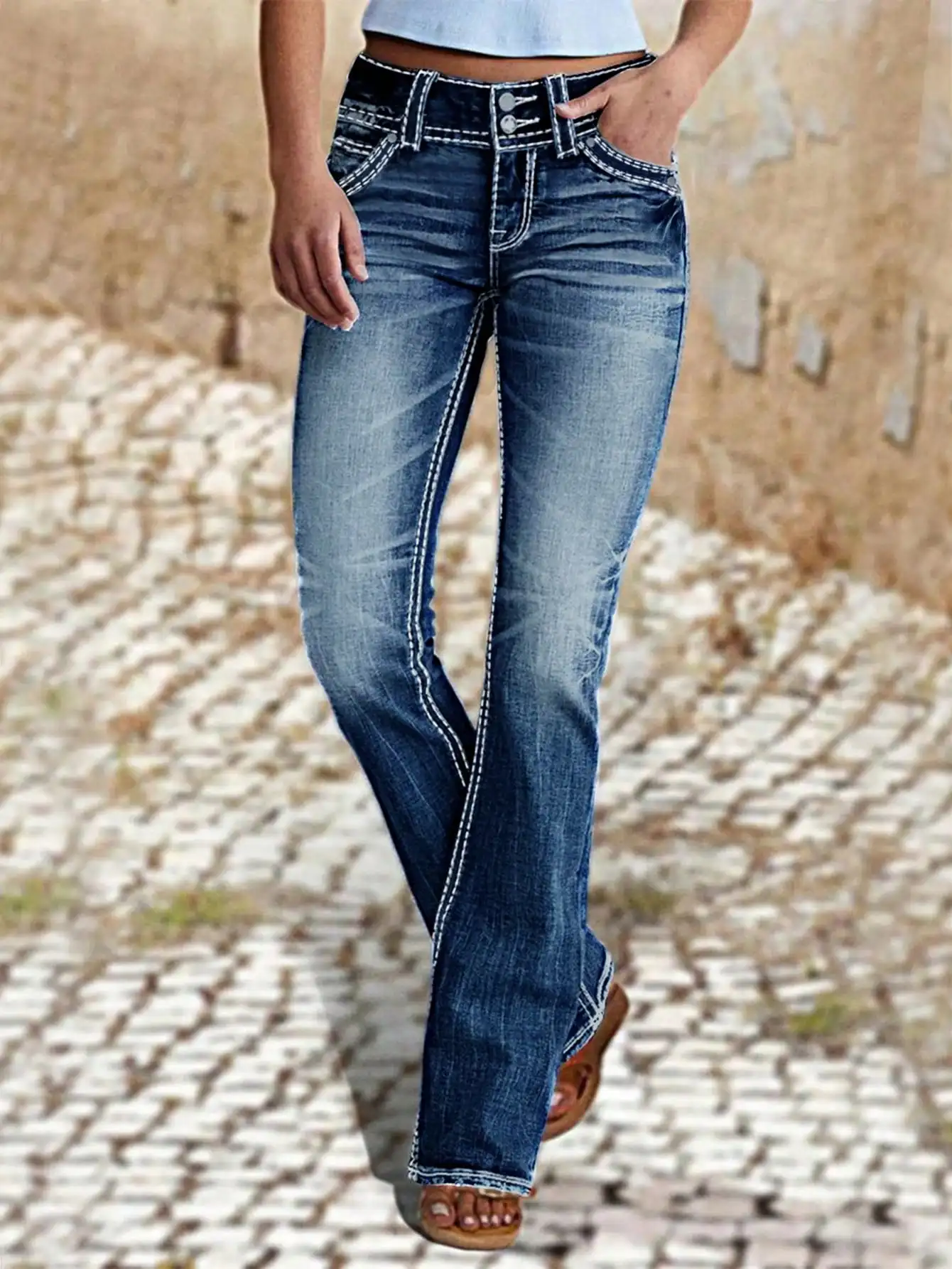 WGXWGX High-Waisted Women's Flare Denim Jeans Bootcut Vintage Washed Stitched Detail Trendy Casual Trousers for Fashion Lovers