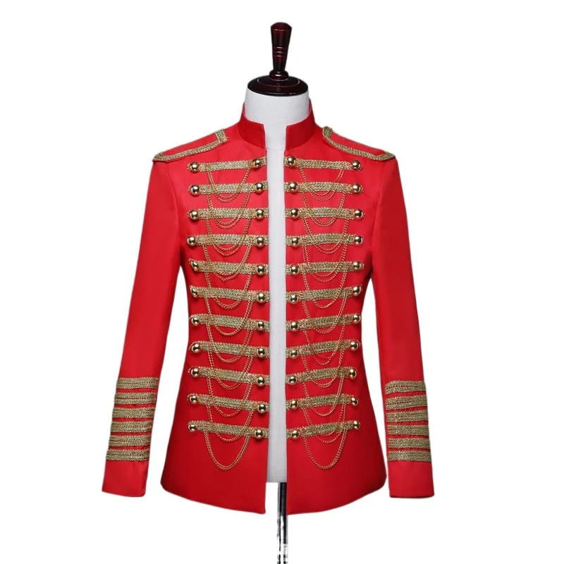 2025 Fashion Mens Military Dress/suit Jacket,bar Nightclub DJ Black and Red with Metal Chain European Court Performance Clothing