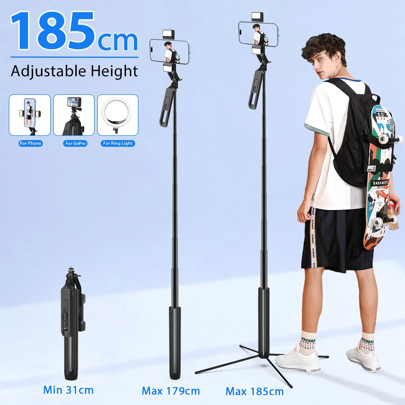 P530 Black Selfie Stick 185cm Anti-Shake Cell Phone Tripod Aluminum Tripod with Remote & Video Balance Handle & 1/4 Screw