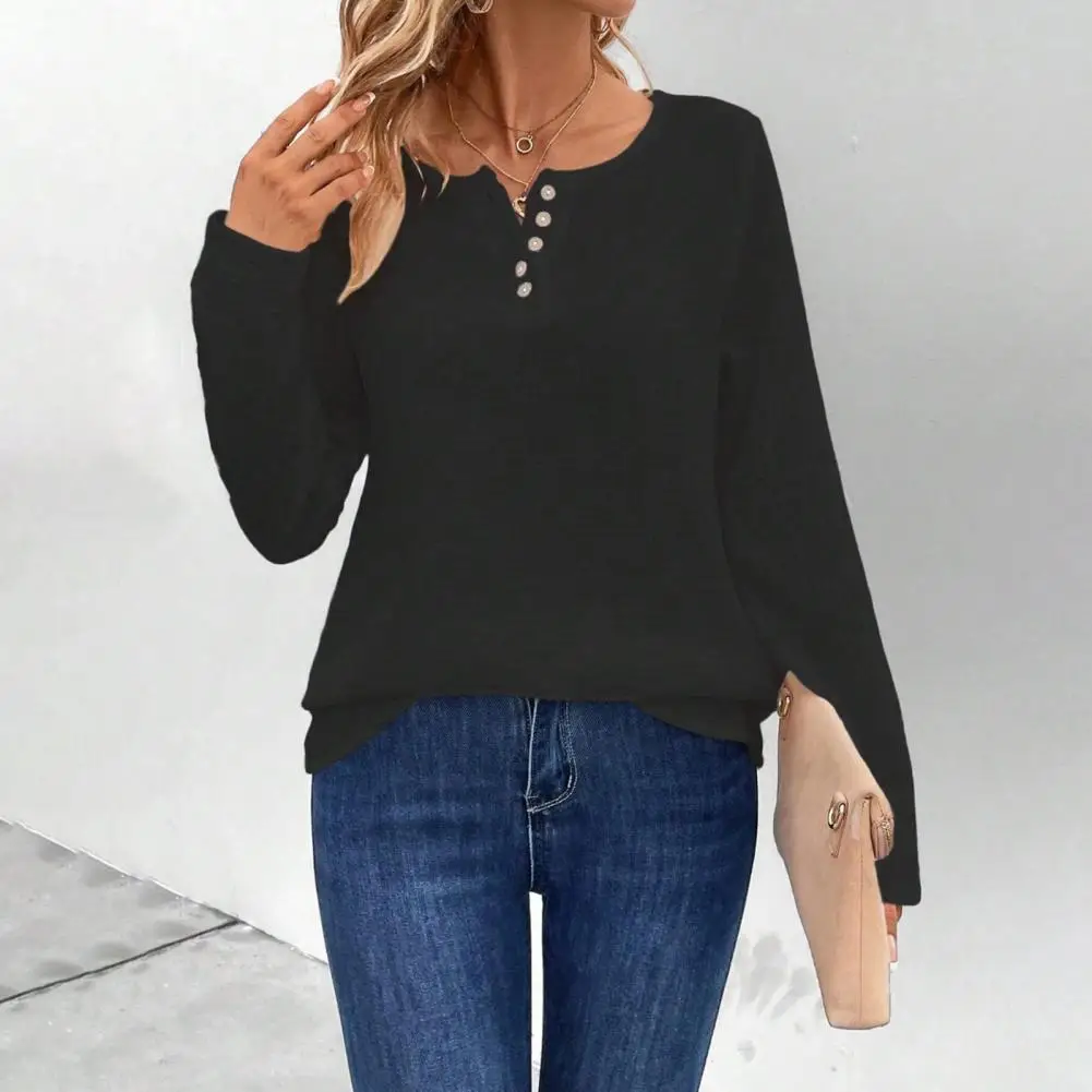 

Button Detail Top Stylish Women's Solid Color Loose Fit Long Sleeve Pullover Tops with Round Neckline Buttoned Neckline for A