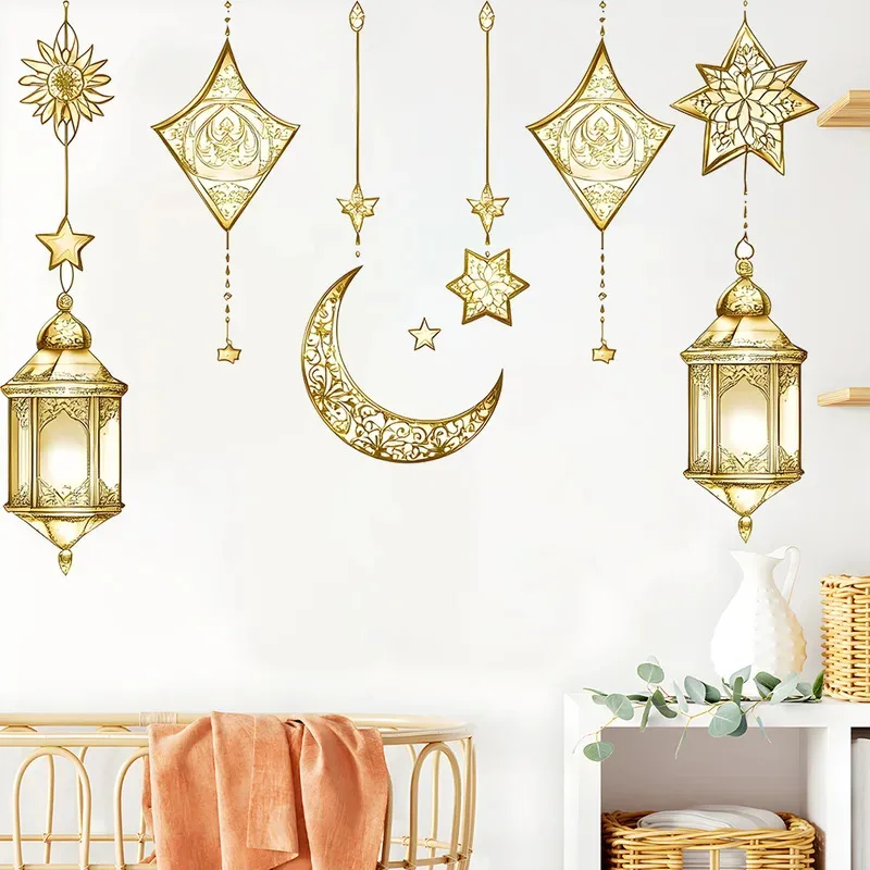 Ramadan Kareem Eid Mubarak Wall Stickers, Star Moon Lantern Islamic Decals, Muslim Removable Window Decor, Festival Supplies
