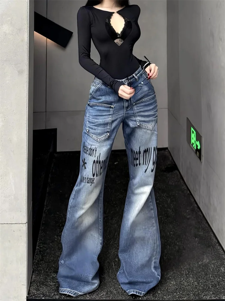 

Американские ретро-джинсы с принтом, синие, женские, осень 2025, винтажный уличный стиль, выбеленные расклешенные брюки, модные, для девушек, эстетика
