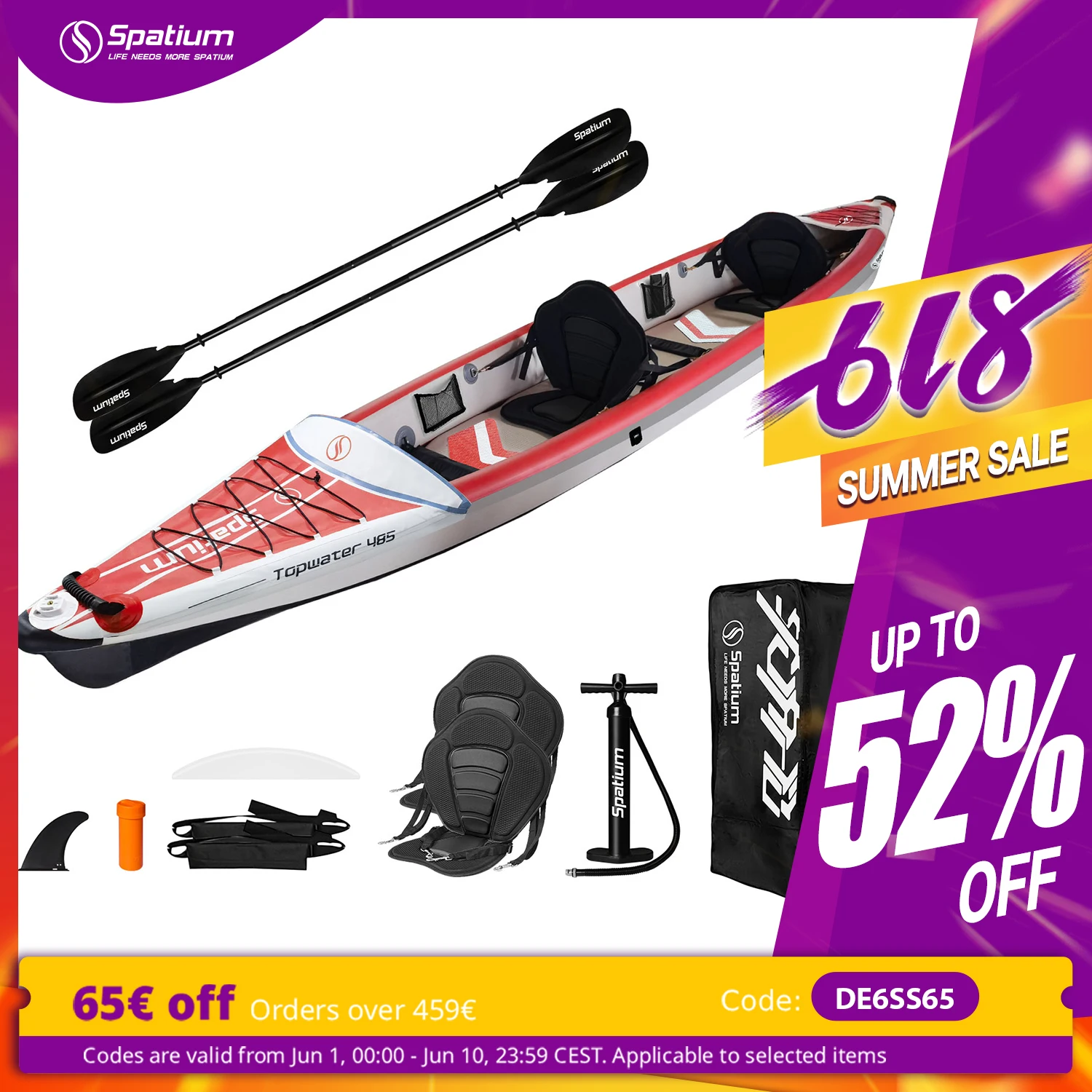 Kayak inflable Spatium, barco de pesca de PVC para 1-3 personas, para deportes acuáticos, surf, Rafting, Touring, Kayak inflable con remo, asiento