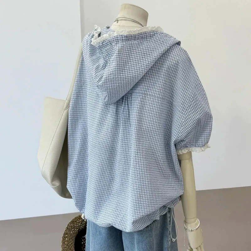 Women's Light Blue Checkered Hooded Half-sleeve Blouse With Lace Trim Decoration