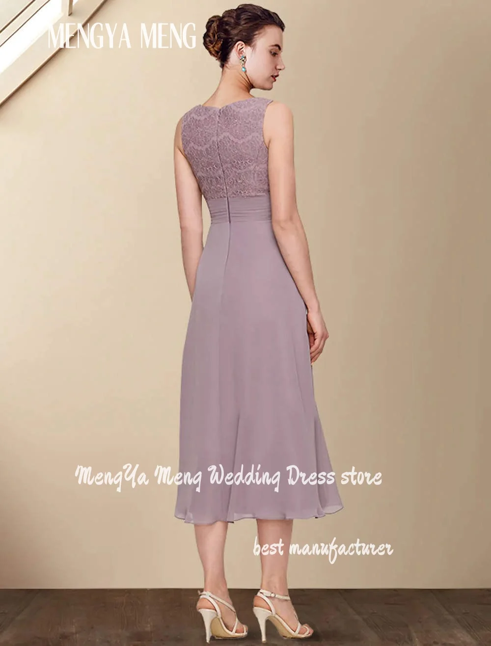 Customized Two Piece A-Line Mother of the Bride Dress with Wrap Jewel Neck Tea Length Chiffon Lace Short Sleeve with Ruched