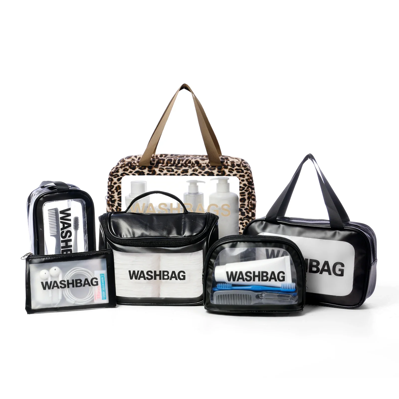 6-Piece Brown Leopard Print Travel Organizer Bag Set – PU & Frosted PVC Cosmetic and Toiletry Bags with Zipper Closure