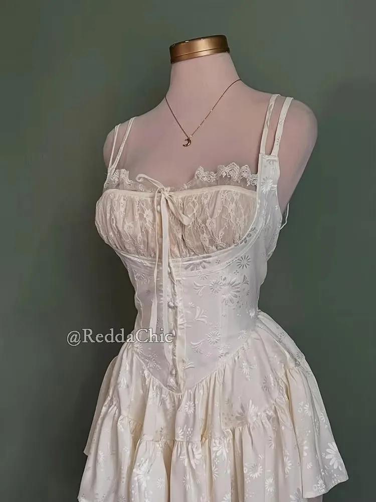 ReddaChic Summer Dress Vintage Satin Floral Rompers Conquete Shirred Stitch Lace Ruffle Camisole Mini Corset Dress Women Clothes view 5