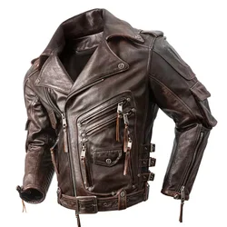 Vintage Red Brown Winter Leather Jacket Men Motorcycle Style Plus Size 6XL Natural Thick Cowhide Protective Gear Can Be Added