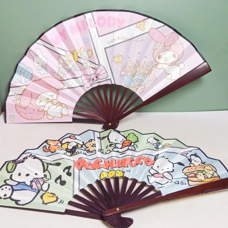 MINISO Folding Fan Anime Sanrio Kuromi My Melody Cinnamoroll Portable Folding Fan Wooden Shank Summer Hand Fans