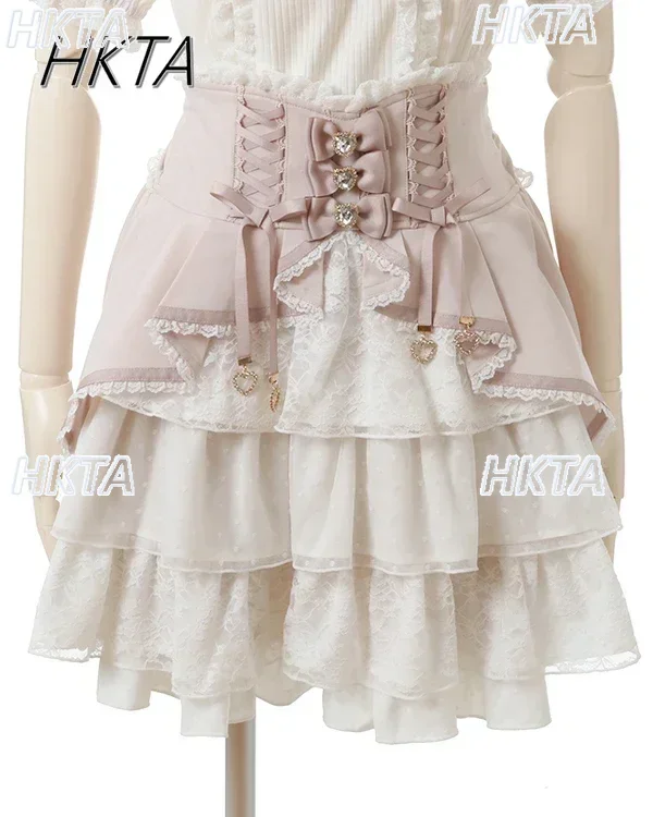 

Japanese Style New Summer Skirt Female Girls High Waisted Slim-Fit Multi-Layer Lace Cake Skirt Strap Drawstring Bow Short Skirts