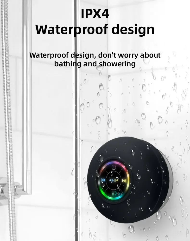 

Bathroom Waterproof Wireless Bluetooth Speaker Large Suction Cup Mini Portable Speakers Outdoor Sports Stereo Speaker LED Light