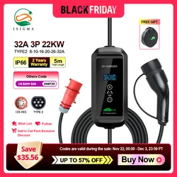 Isigma 32A 3P 22kw Type2 EV Charger IEC621962 16A 3.6KW 11KW 7.2kw Type1 J1772 110V-450V Home Charging 5m Long With EU Plug