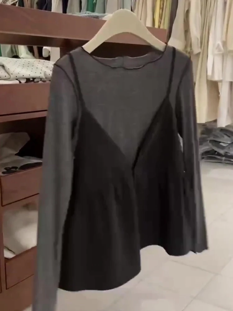 

Bla Breathable Knitted Base irt for Women Autumn New Sle Vintage Fake Two-Piece irt Elegance Top Long Sve
