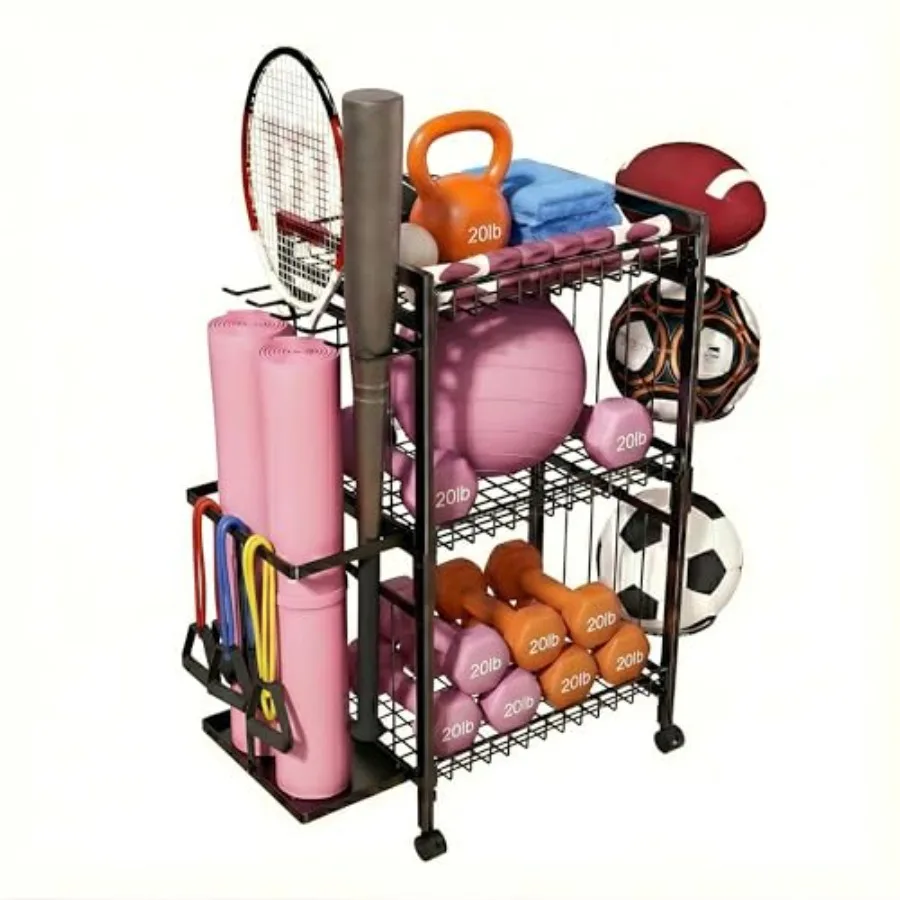 

Home Gym Storage Rack Multi-Functional Dumbbell Rack with Wheels for Yoga Mats Kettlebells Balls and Foam Roller Heavy Duty 3-T