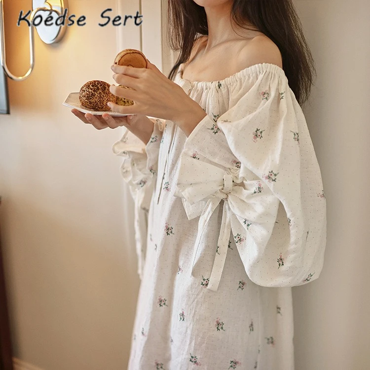 

Women Sweet Printed Full Sleeves Nightdress French Sexy Loose Long Mid-Calf Nightgowns 100% Cotton Comfortable Sleepwear Nightie
