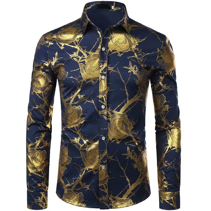 Mens Nightclub Golden Shirts 3D Rose Flower Printed Slim Fit Button Down Party Dress Shirt Casual Long Sleeve Plus Size T Shirt