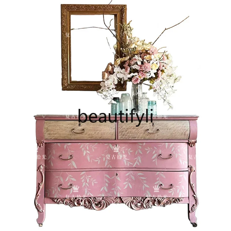 

Vintage Solid Wood Carved Chest of Drawers American Style Painted Decorative Cabinet Wall-Mounted Storage Cabinet Pink