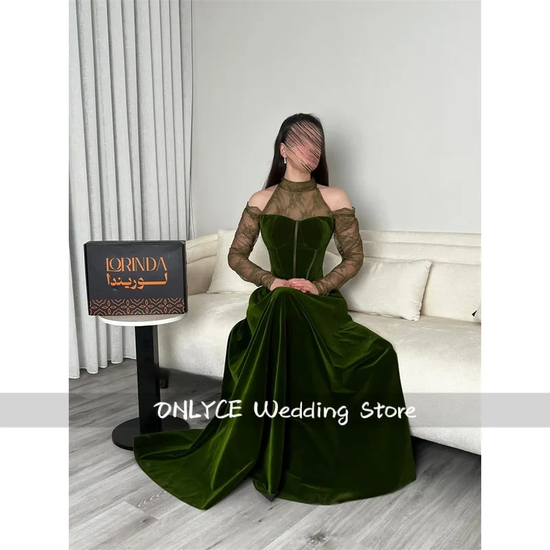 

Olive Green Velvet Evening Dresses Lace HIgh Collar Formal Dubai Prom Dresses Halter A-Line Long Prom Gowns Customized