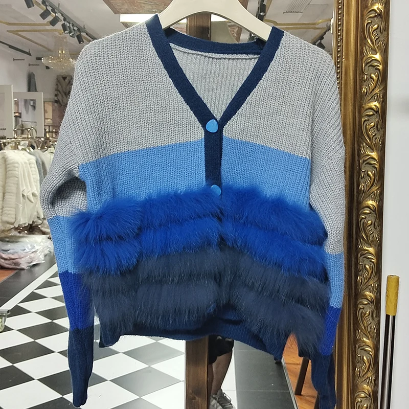 여성 니트 카디건 리얼 폭스 모피 긴 소매 패션 v 넥 가을 니트 패션 여성 카디건 스웨터