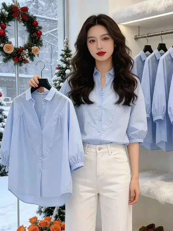 

Новая женская рубашка свободного кроя в корейском стиле с рукавами-фонариками, воротником-стойкой и рукавом 3/4, универсальная летняя модель