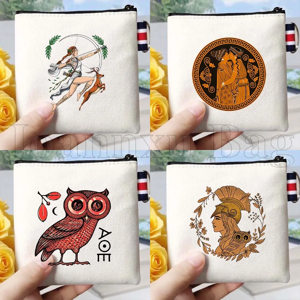 Monedero de Lona con Diseño de Ánfora Ateniense de la Antigua Grecia y Búho de Atenea, Pequeño, Cuadrado, para Monedas, Llaves y Tarjetas, Regalo de Grecia