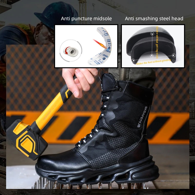 Unbreakable high top protective boots protect the feet and prevent smashing. Steel toe lining breathable safety boots