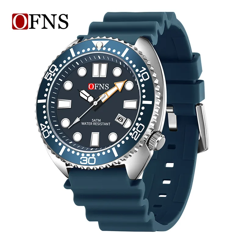 OFNS-Montre à quartz étanche pour homme avec bracelet en silicone, montre-bracelet décontractée avec calendrier, mode simple, 8033