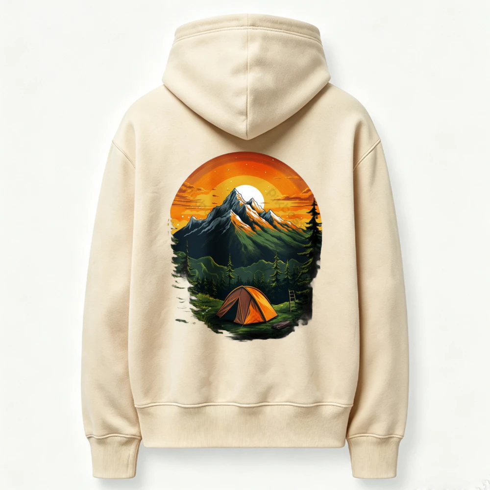 Sudadera con capucha y estampado gráfico de una tienda de campaña en un atardecer de montaña, ideal para actividades al aire libre, aventuras en el bosque y en la naturaleza. Sudadera con capucha para senderismo, de estilo informal.