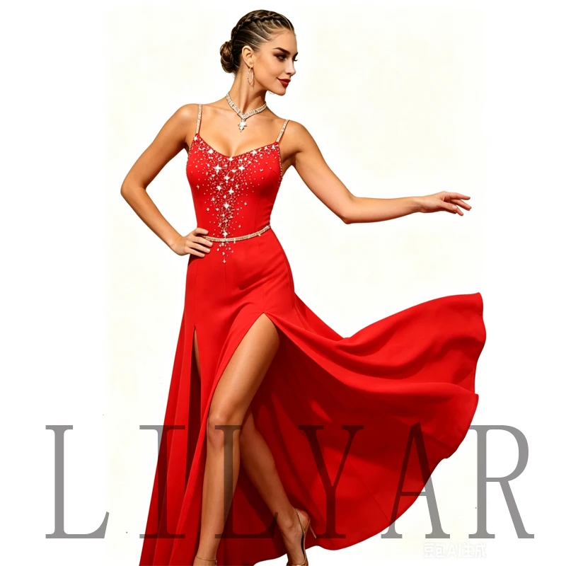 New Red Flamenco Dress High Split for Performance Shiny Rumba Dance Dress with Large Skirt for Latin Dance Competition