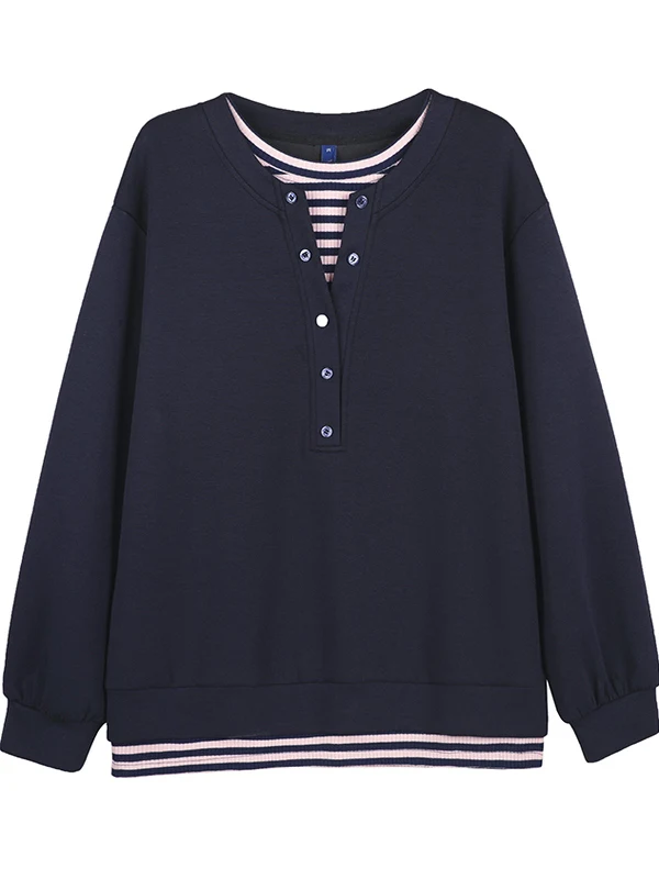 Casual Stripe Patchwork Loose Long Sve round Ne Sweatirt plus Size Women's Faion Autumn New Sle Versatile Top