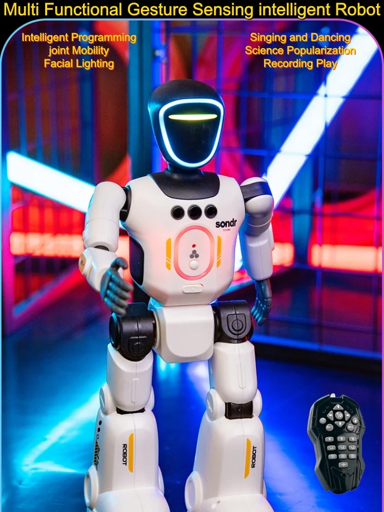 Inteligentny programowalny robot humanoidalny sterowany zdalnie z czujnikami gestów, 2.4G, ruchome stawy, efekt oddychania, funkcja nagrywania, robot RC. (White) — Zdjęcie 2 z 2