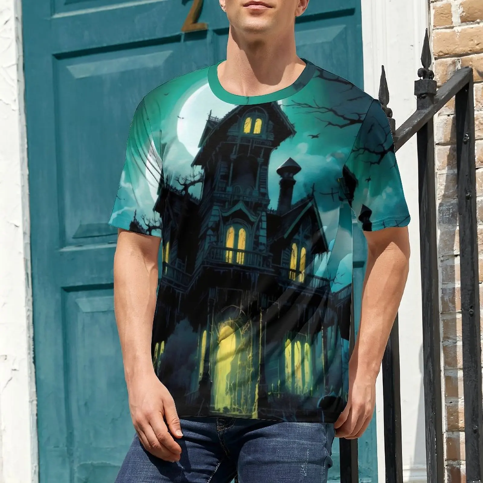 Oversize T-Shirt Premium Haunted Mansion T-Shirts Halloween Print Streetwear O Neck Tee Shirt Men Trending Design Tees