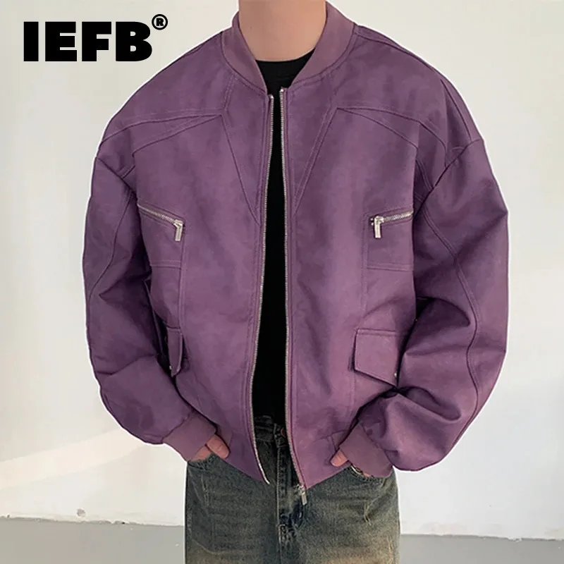 IEFB American Style Men's Jackets Casual PU Leather Zipper Patchwork Solid Color Loose Male Tops New Winter 2024 Fashion 9C6885