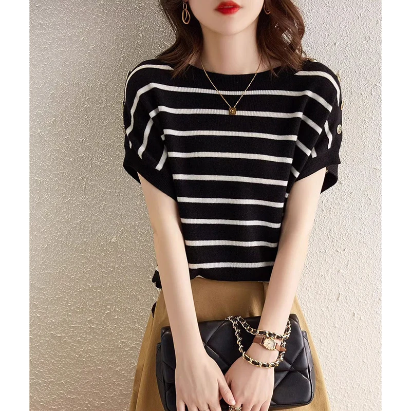 Fashion O-Neck Button Knitted Short Sleeve Striped T-Shirts Women Clothing 2024 Summer New Loose Casual Tops Commuter Tee Shirt