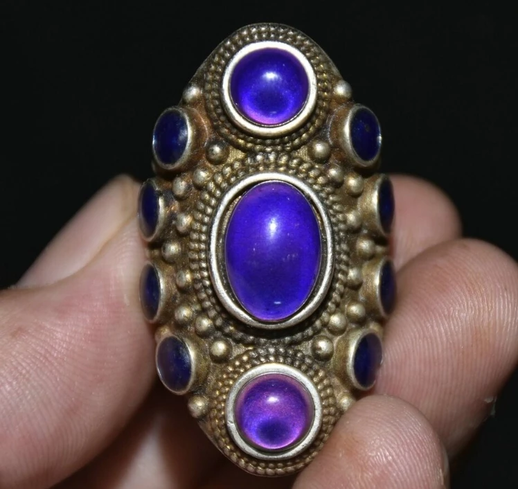 

Rare Old Chinese silver inlay purple gemstone Dynasty Palace long ring