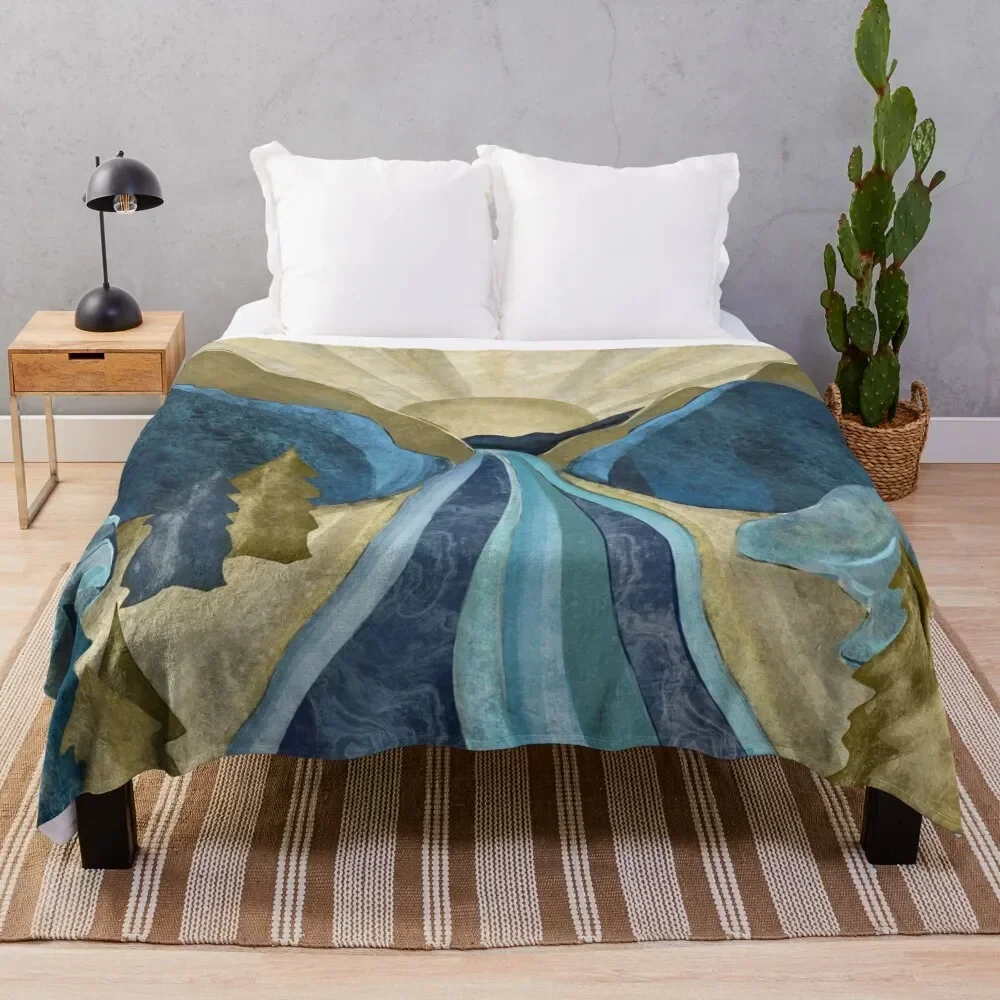 Blue gold mountain river sunrise Throw Blanket for babies For Decorative Sofa Travel for winter Blankets