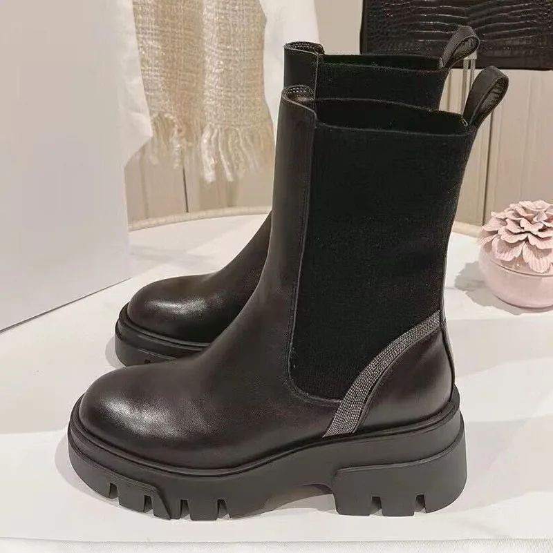 String Bead Decor Thick Bottom Short Boots  Women Cow Suede Elastic Fabric Splicing Mid-Calf Botas Autumn Winter Chelsea Boots