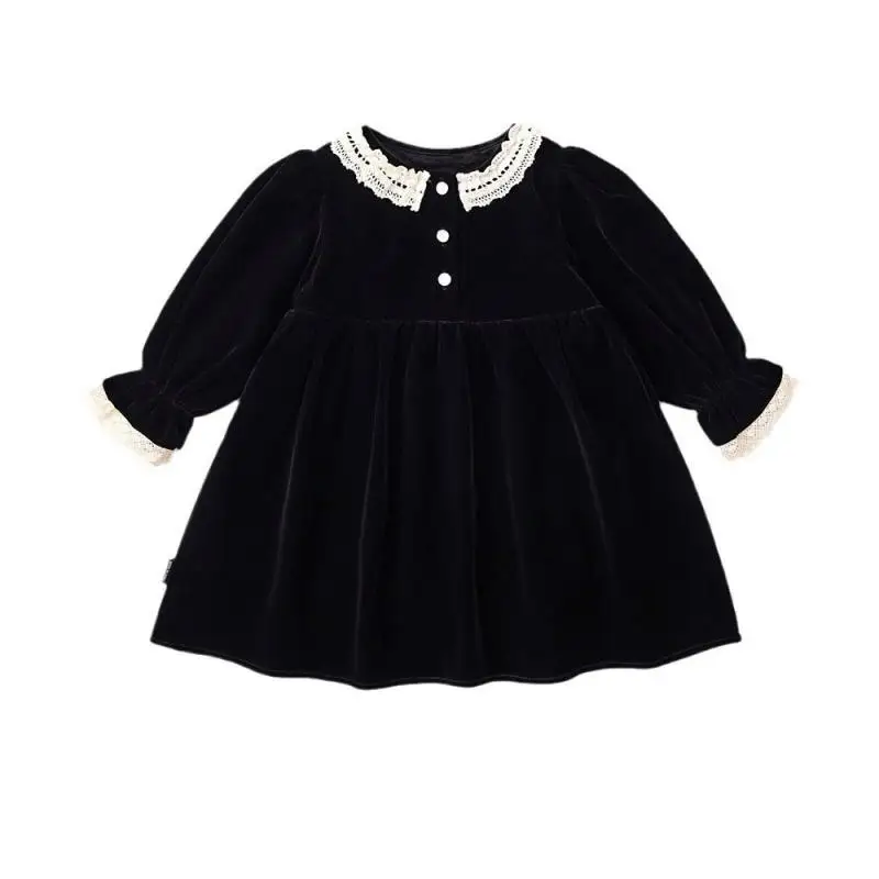 

Clibeso 2024 Girls Black Dress Velvet Vintage Dresses Lantern Sleeve Children Frocks Lace Collar Baby Girl Princess Clothing