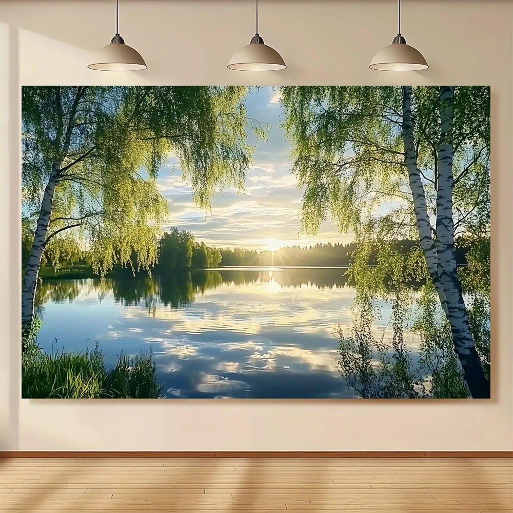 Stunning Forest Lake Birch Trees Landscape Wall Art Canvas Tapestry Boho Scandinavian Style Nature Decor for Living Room Bedroom