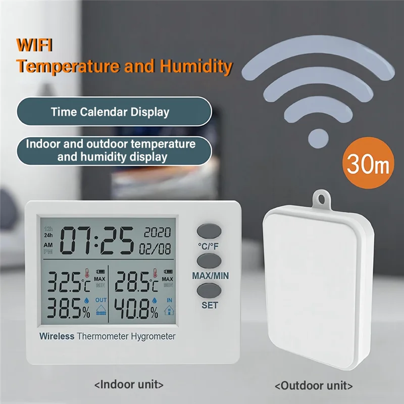SQPP-Wifi беспроводной термометр гигрометр для использования в помещении и на открытом воздухе цифровой измеритель температуры и влажности большой экран электронное время
