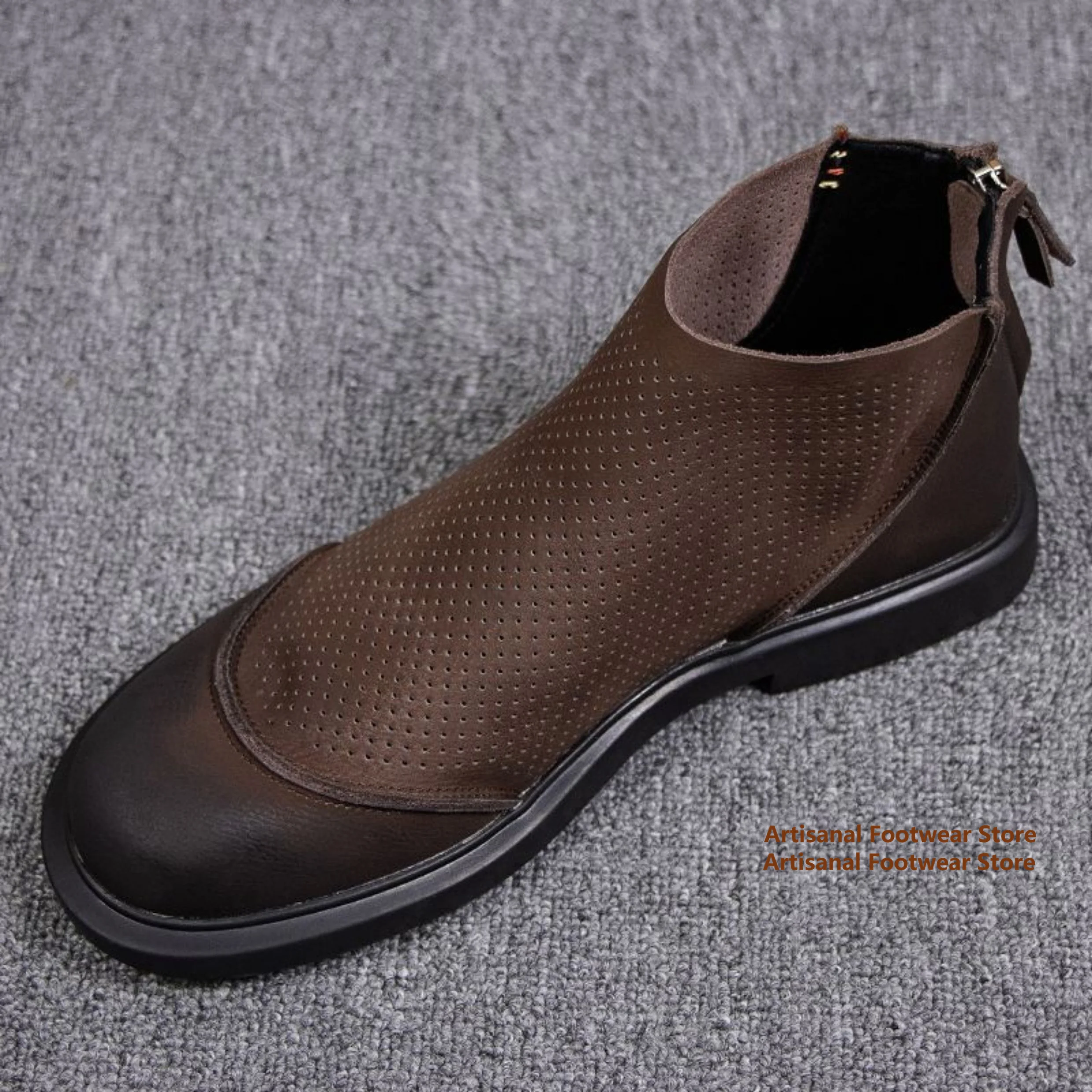 Men Brown Perforated Breathable Leather Ankle Boots Back Zipper Slip-On Round Toe Soft Leather Booties for Autumn Men's Boots