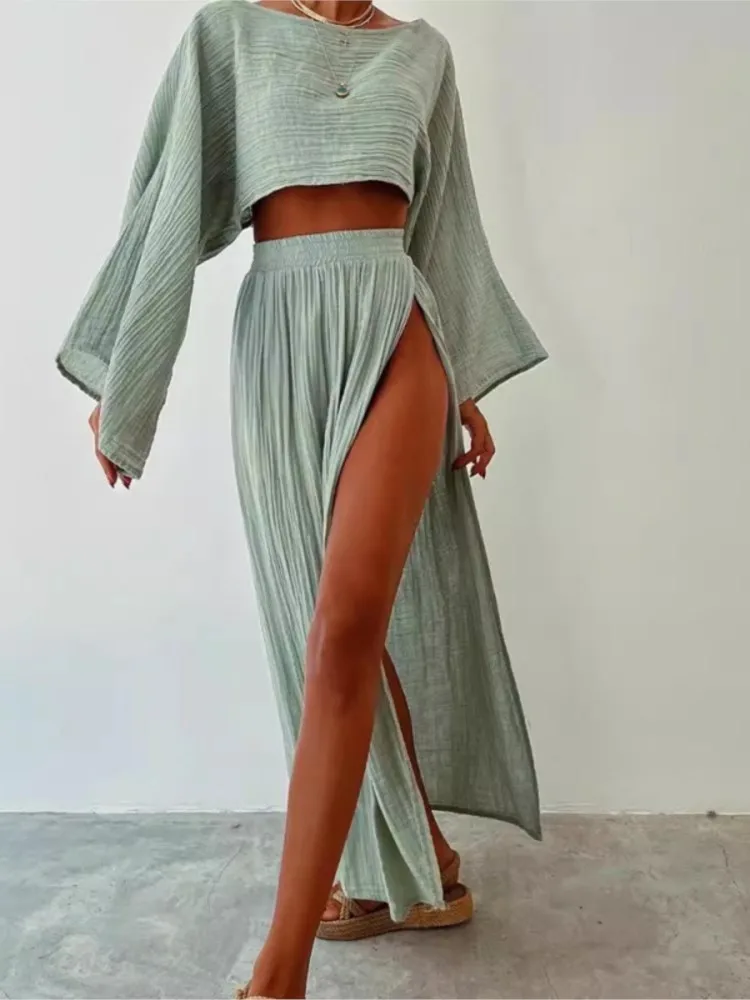 Casual Holiday Style Simple Solid Color Skirt Set Linen Blended Short Top High Waist Chic Split Cotton Linen Two-piece Set - Image 3