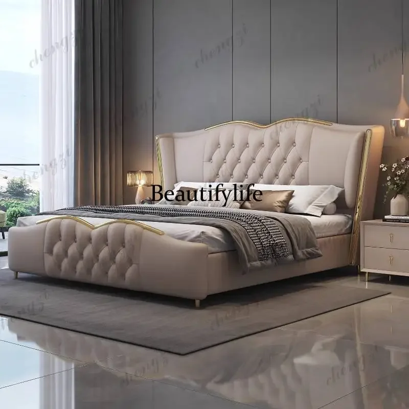 Elegant Beige Double Bed Frame Cheap Designs Cloud King Size Double Bed Japanese Luxury Metal Camas De Dormitorio Furniture Home