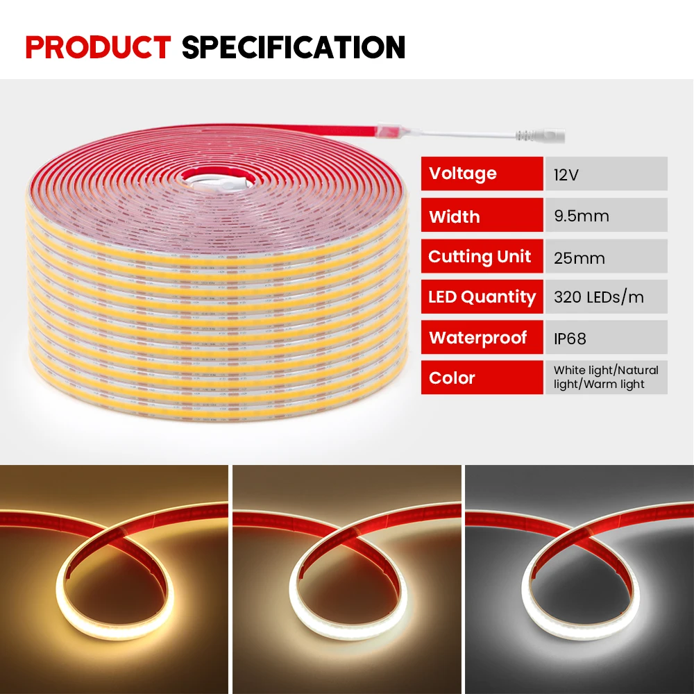 Bande lumineuse LED COB étanche IP68, 12V, 24V, 320LED/m, RA90, haute densité, ruban flexible, UL, lampe, chaud, naturel, blanc froid