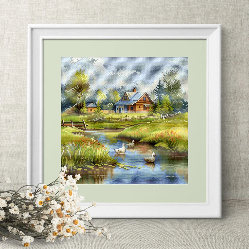 Amishop Counted Cross Stitch Kit, Rural Cottage, River Duck, Country View, Embroidery, DIY, Needlework